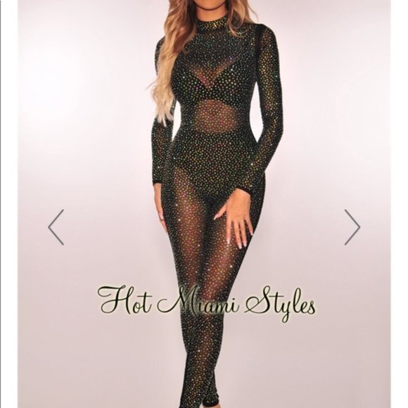 Sheer Black Rhinestone Jumpsuit - Picture 2 of 2